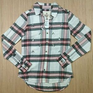 So Womens Perfect Soft Plaid embellished top sz XS